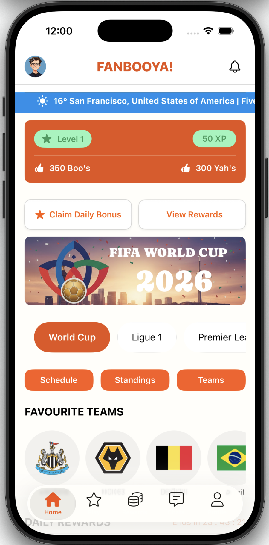 Fanbooya Home Screen with World Cup 2026